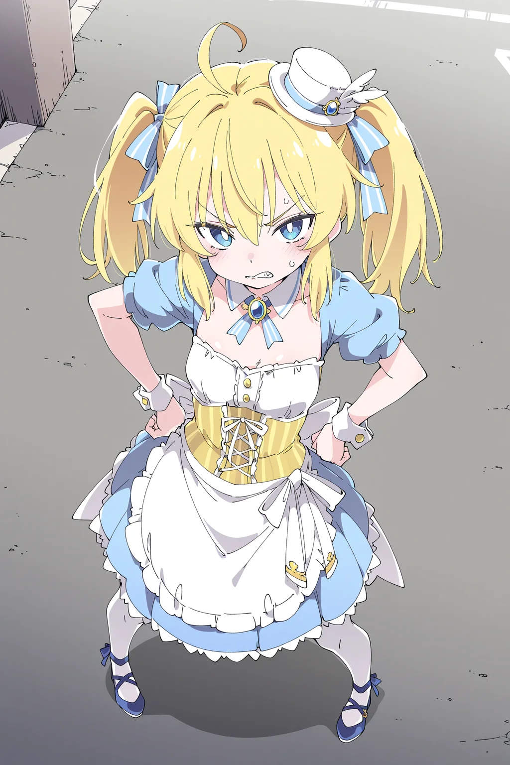 1girl,baimei,light blue dress,petite,yellow twintails,yellow corset,blue eyes,tsurime,brooch,mini top hat,white pantyhose,(waist apron:1.2),blue footwear,solo,angry,standing,posing,fullbody,in a street,from above,wide shot,<lora:Baimei-noob:0.7>,best quality,amazing quality,very aesthetic,absurdres,(artist:ningen_mame:0.9),(artist:sho_(sho_lwlw):0.9),anime screencap,ixy,