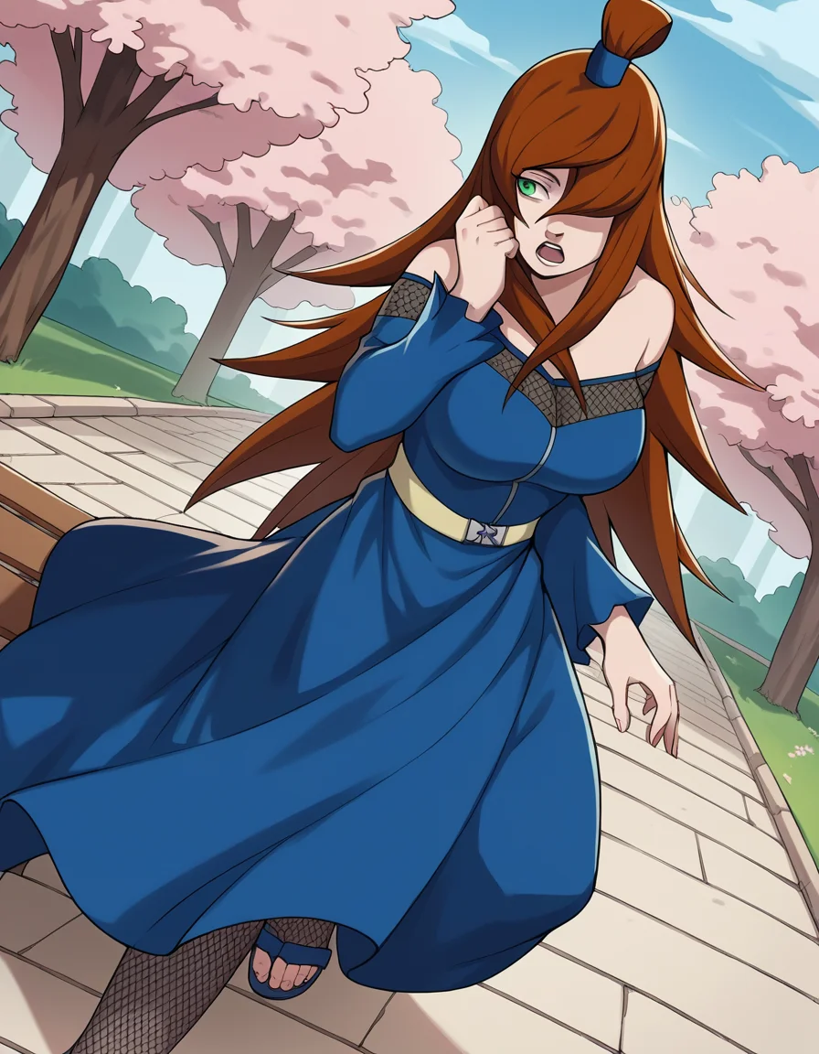 score_9, score_8_up, score_7_up, source_anime, <lora:mei-terumi-shippuden-anime-ponyxl-lora-nochekaiser:1>, mei terumi, long hair, brown hair, green eyes, topknot, hair covering one eye, large breasts,, dress, bare shoulders, blue dress, sandals, fishnets,, park, cherry blossoms, bench, gentle breeze, peaceful, running, open mouth,, , , hand palm facing down, solo,, cowboy shot, dutch angle