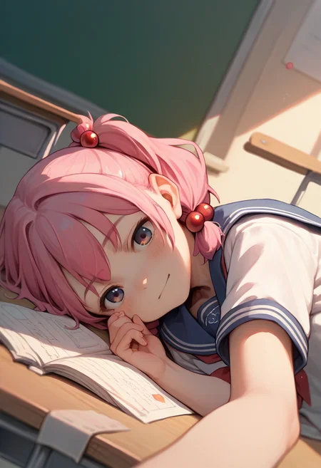 score_9, score_8_up, score_7_up, score_6_up, source_anime, 1girl,
pov, lying, on side, upper body,
school uniform, classroom, pink hair, hair bobbles,
<lora:pov_across_bed_v0.1-pony:1>