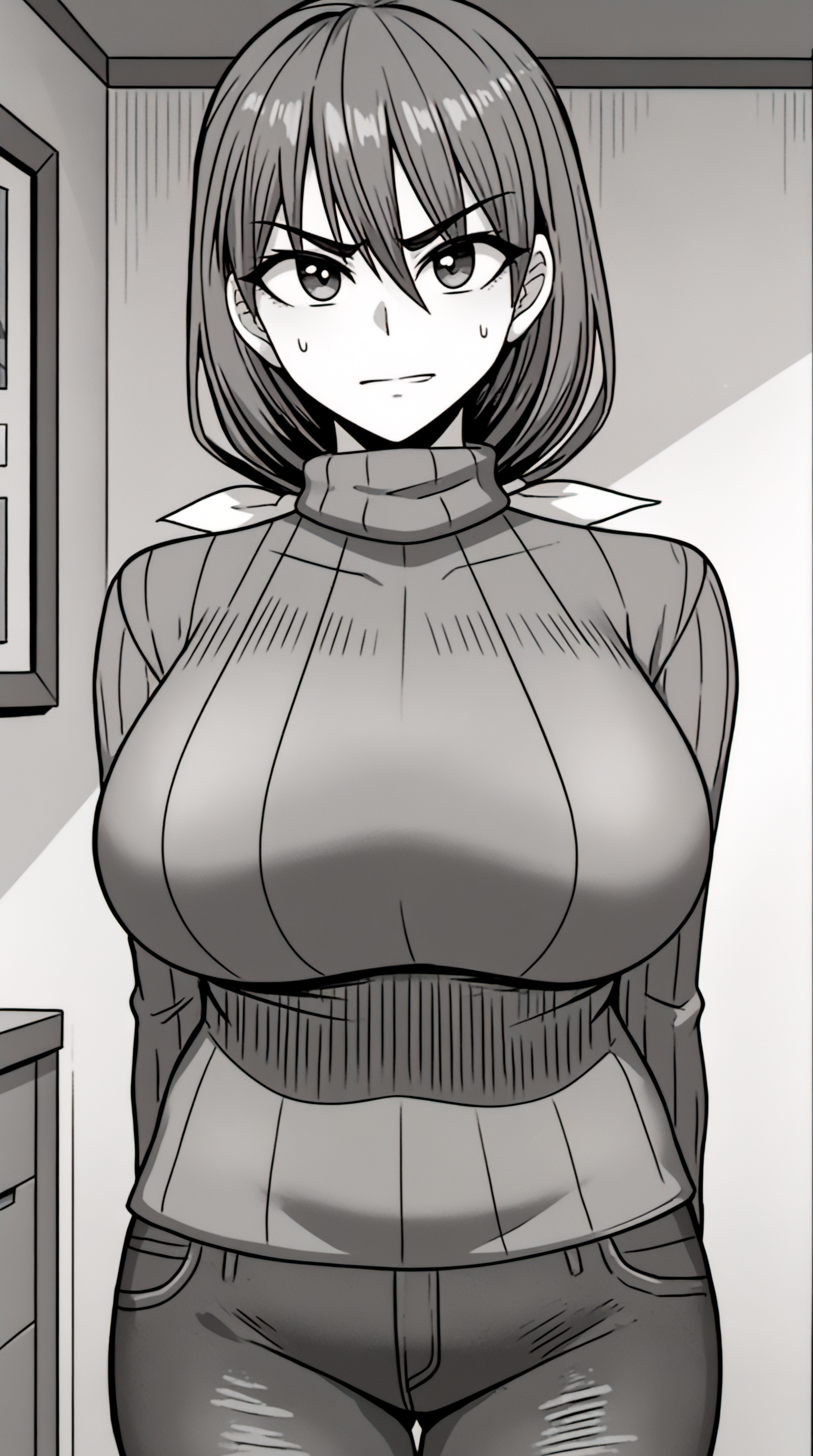 score_9, score_8_up, score_7_up, best background, detailed background, 4k, upscale, monochrome, greyscale,  Ayami, solo, looking at viewer, ribbon, standing, cowboy shot, pants, sweatdrop, sweater, turtleneck, arms behind back, denim, ribbed sweater, turtleneck sweater, jeans, indoors,  <lora:JN_Ayami_Pony:0.8>