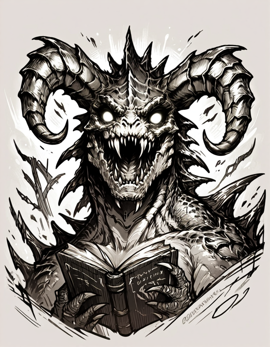 score_9, score_8_up, score_7_up,  <lora:Messy Sketch Style:1>,  monochrome, comic book covere, deathclaw, scales, horns fangs, glowing eyes,