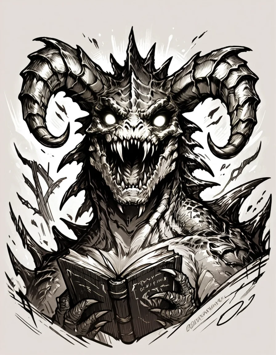 score_9, score_8_up, score_7_up, <lora:Messy Sketch Style:1>, monochrome, comic book covere, deathclaw, scales, horns fangs, glowing eyes,