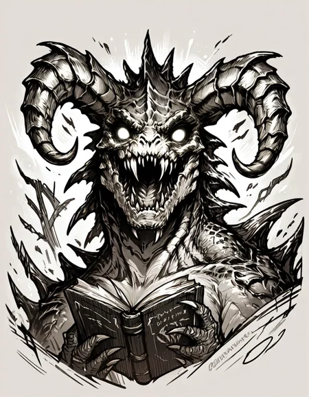 score_9, score_8_up, score_7_up,  <lora:Messy Sketch Style:1>,  monochrome, comic book covere, deathclaw, scales, horns fangs, glowing eyes,
