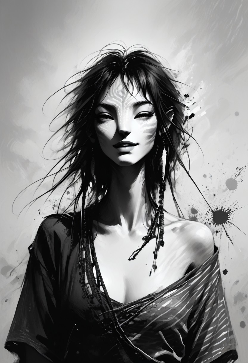 score_9, score_8_up, score_7_up, source_anime, monochromemuse, Expressiveh, monochrome, greyscale, ink splatter, Avatar navi alien with white skin and black stripes, primitive revealing tunic, off shoulder, cleavage, parted lips, light smile, blue lipstick,