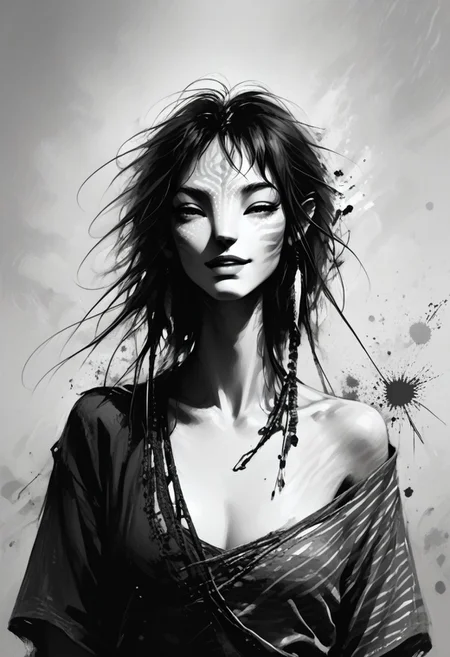 score_9, score_8_up, score_7_up, source_anime, monochromemuse, Expressiveh, monochrome, greyscale, ink splatter, Avatar navi alien with white skin and black stripes, primitive revealing tunic, off shoulder, cleavage, parted lips, light smile, blue lipstick,