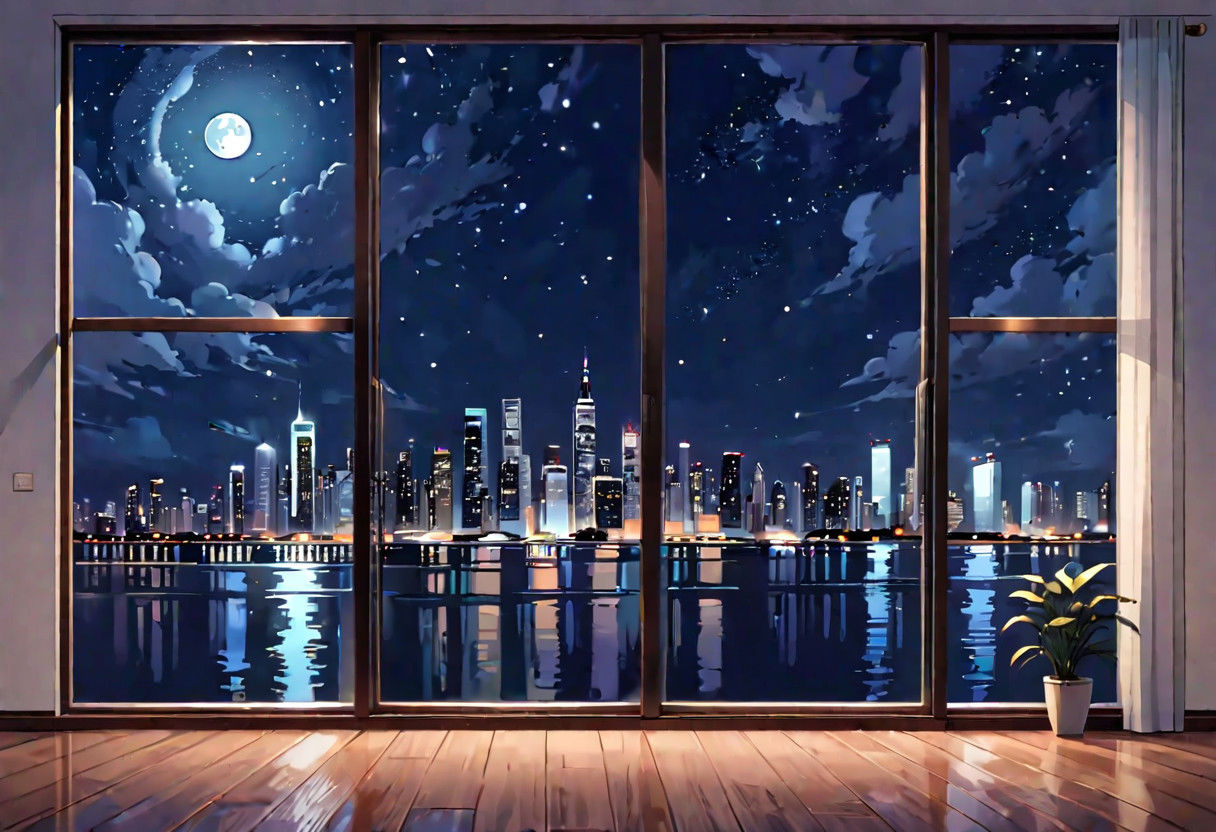 ((((front view)))), Shallow scene, ((animation style)), (((City high-rise building scenery))), ((((City scenery outside the window)))), ((sense of mystery)), (night), starry sky, moonlight, (weak light), (Facing the window), (open window), modern-style interior, Wooden floor, with white walls, (large windows), a living room, sofa and coffee table by the window sill,  (((Sofa placed horizontally))), (Behind the sofa is the window sill),
