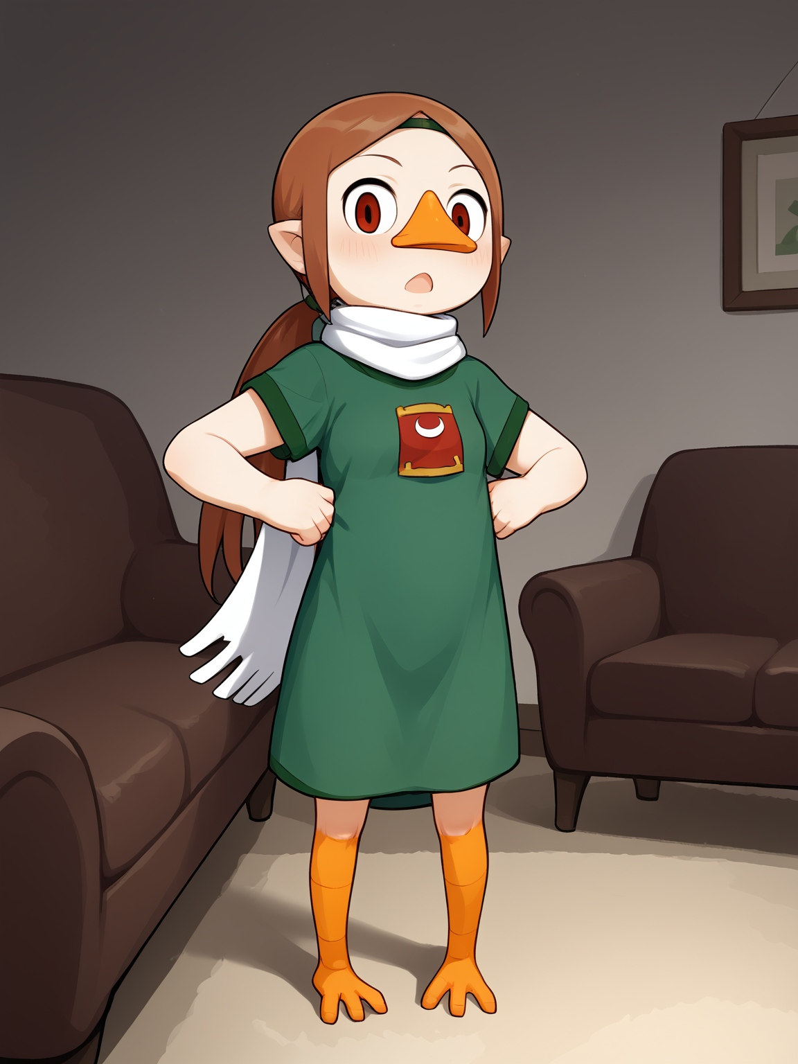 score_9, score_8_up, score_7_up, (standing, realization, open mouth, suprise, ),  <lora:Medli:0.9>, brown hair, ponytail, beak, bird feet, young, small breasts, flat chest, looking at viewer, room, couch, 
green tunic, red tunic, white scarf,