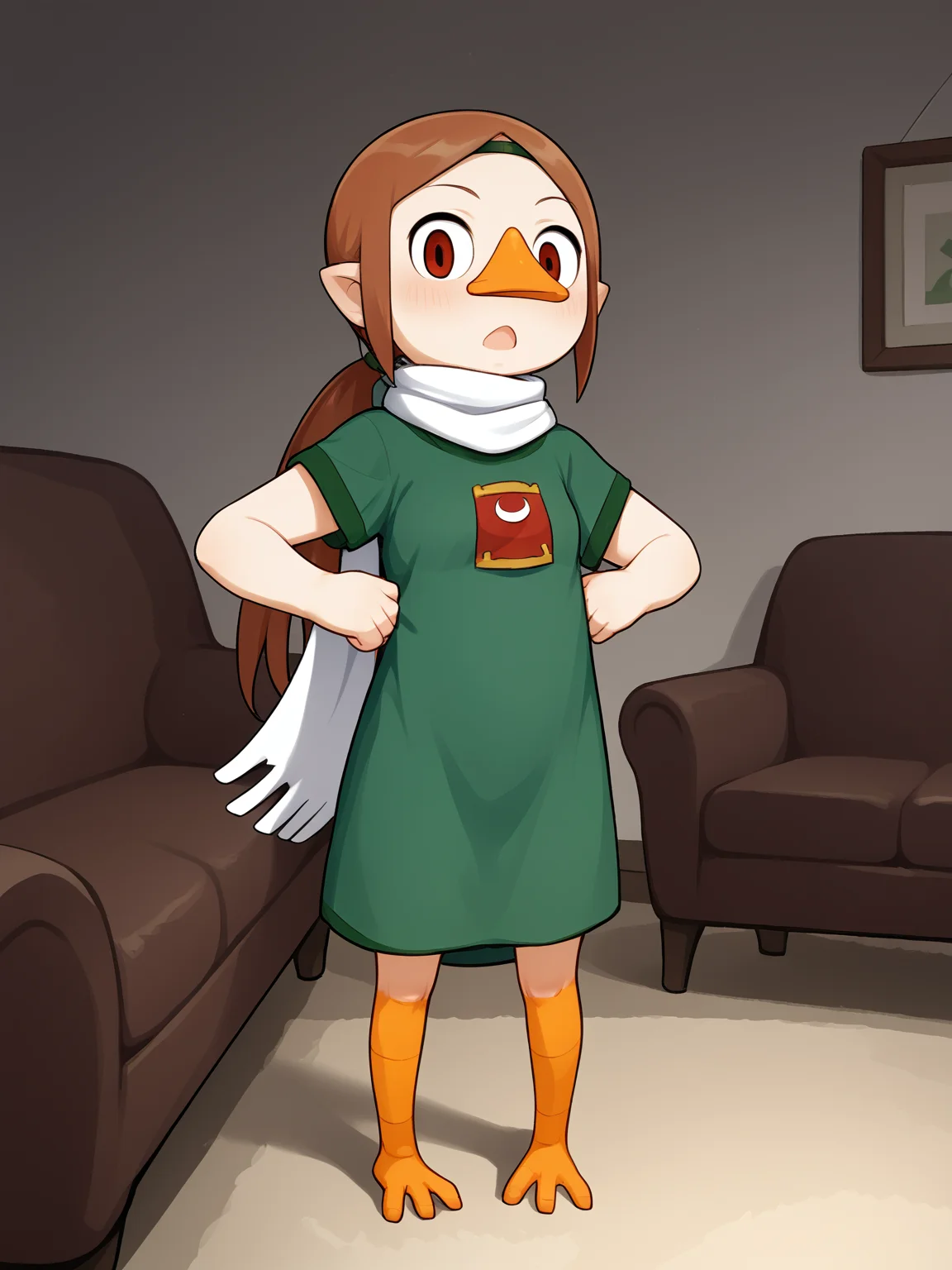 score_9, score_8_up, score_7_up, (standing, realization, open mouth, suprise, ), <lora:Medli:0.9>, brown hair, ponytail, beak, bird feet, young, small breasts, flat chest, looking at viewer, room, couch,
green tunic, red tunic, white scarf,