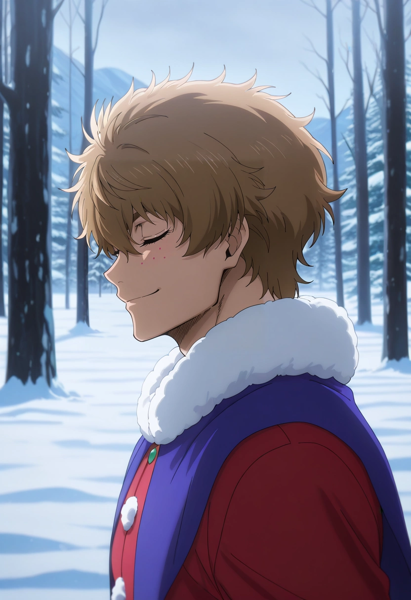 masterpiece, best quality, intricate details, anime screencap, anime coloring, official style, looking at viewer, 1boy, solo, male focus, <lora:asahi_naruhaya_ilxl:0.92>, asahi_naruhaya, brown hair, brown eyes, short hair, hair between eyes, bangs, , profile, snowy town, snow, ice, stalagmite, indoors, dark, outstretched arms, (closed eyes:1.2), smile, clown costume