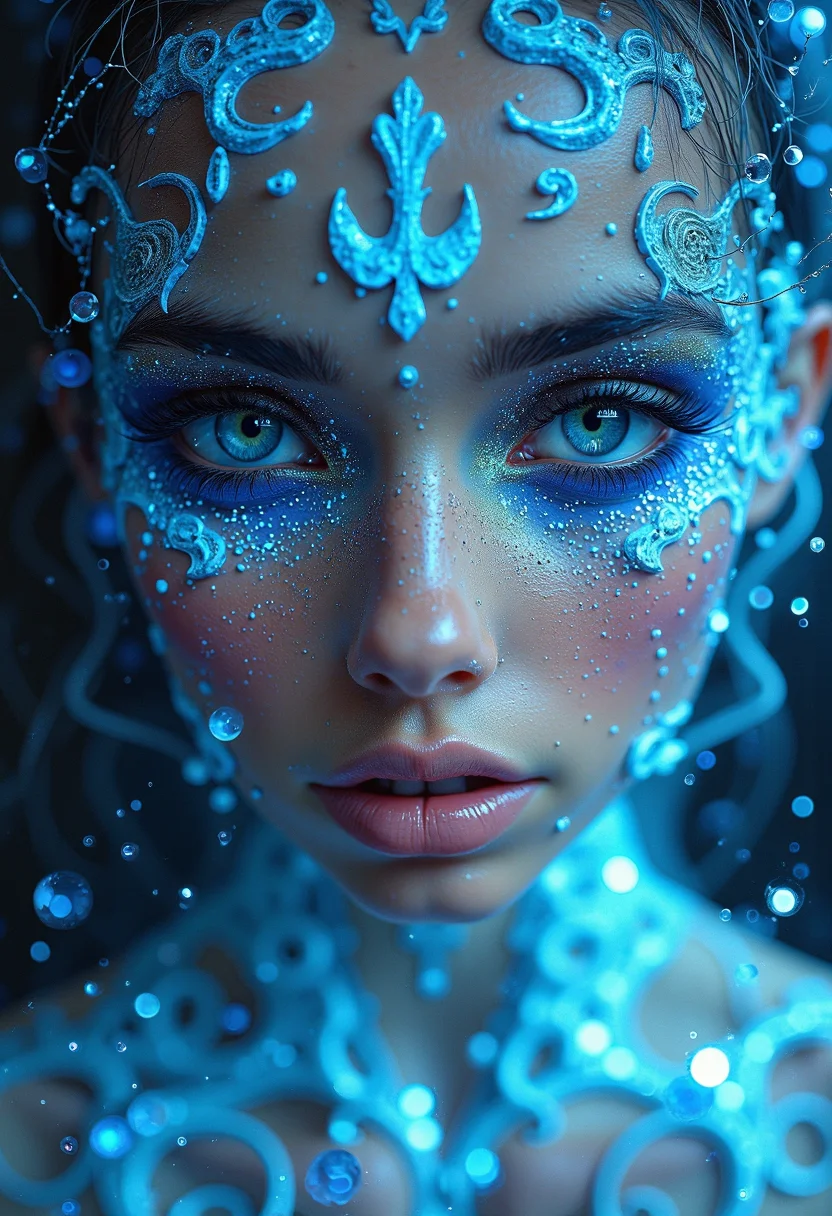 covered in blue glowing tattoos, bacteria and fractals