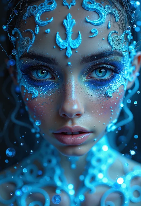 covered in blue glowing tattoos, bacteria and fractals