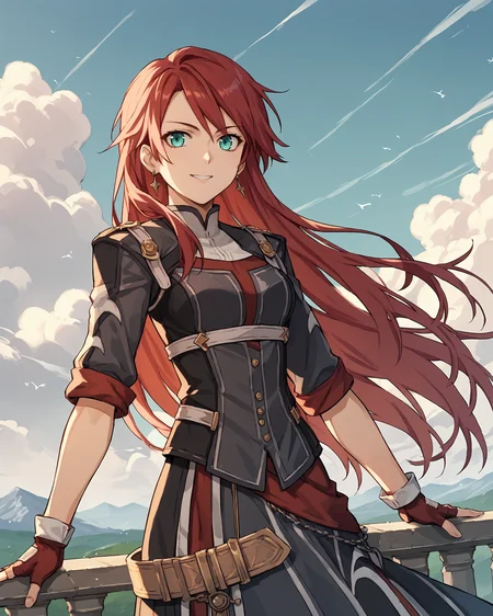 score_9, score_8_up, score_7_up, score_6_up, score_5_up, score_4_up, BREAK,
source_anime,
<lora:CelisOrtesia:0.9>, Celis Ortesia, red hair, long hair, aqua eyes, medium breasts, earrings, jewelry, armored dress, belt, black pantyhose, black boots, knee boots, laced footwear, red gloves, fingerless gloves,
looking at viewer, smile, upper body, portrait,
1girl, outdoors, sky, clouds, distant mountains