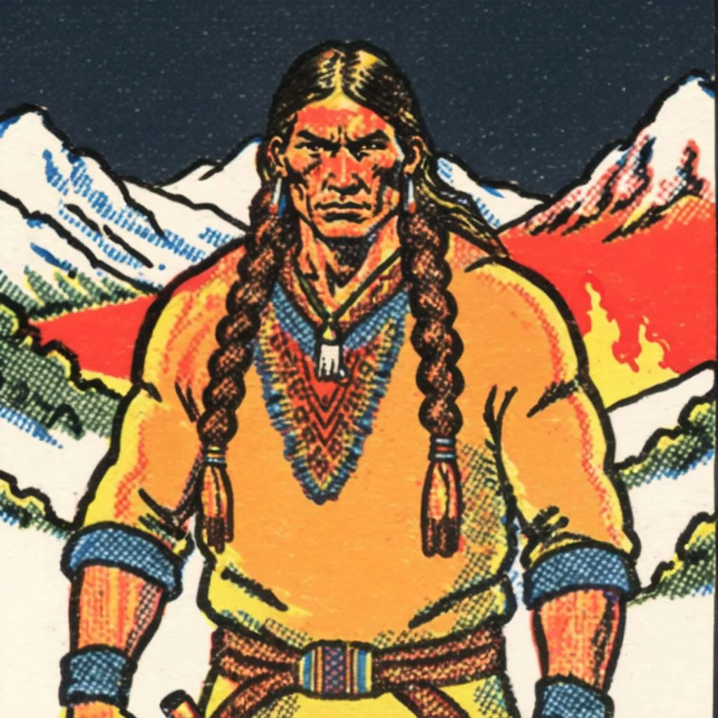ASCIIVeryBadPrint , half body shot, Realistic native American skinny warrior man, brunette, braided hair, night lights, fire, adventure, winter clothes, cold, portrait, dirty clothes, mountain background, animal hide, fur,