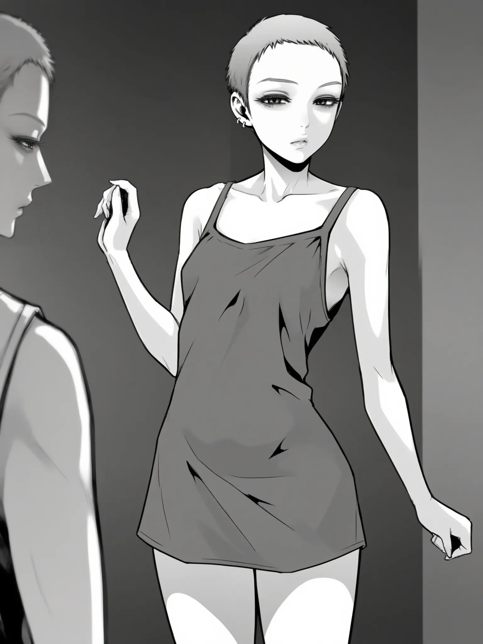 masterpiece, best quality,amazing quality, solo female, solo focus,
 <lora:futari_switch_Manga_Character_1_Illustrious:1>,[futari_switch]_manga_character_1, monochrome, greyscale, , very short hair, buzz cut, eyelashes, earrings, jewelry, tomboy, 1girl, standing, looking at viewer,