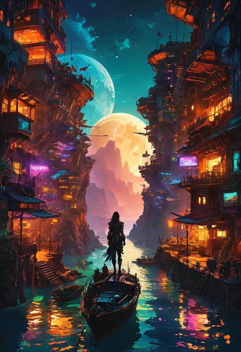 top- down, fantastical and surreal scene, the images is splitted in two part,in the upper part there is an upsidedown cyberpunk neon city at night, in the bottom part there is a medievil pirate cove with ships in a bay winding through a high cliffs at sunset, the horizon between the two part is the fusion of sky and sea
, mystical touch, illuminated by a crescent moon and twinkling stars, dreamlike and otherworldly atmosphere, sense of adventure and wonder, view from above, 
(score_9, score_8_up:1.1), score_7_up, a fine color ink lineart sketch, (reflective volumetric), raytracing, absurdres, dark, low-key