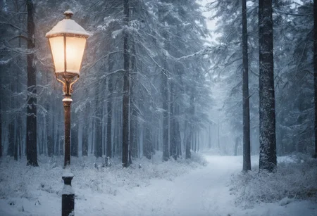 A magical photograph of a snowy forest scene inspired by C.S. Lewis, reminiscent of "The Chronicles of Narnia." Soft snow, tall pine trees, lamppost glowing, gentle snowfall, magical light, winter twilight, footprints in snow, warm glow, frosted branches, ethereal atmosphere, mysterious path, enchanting silence, nostalgic feel, subtle blue tones, timeless wonder.