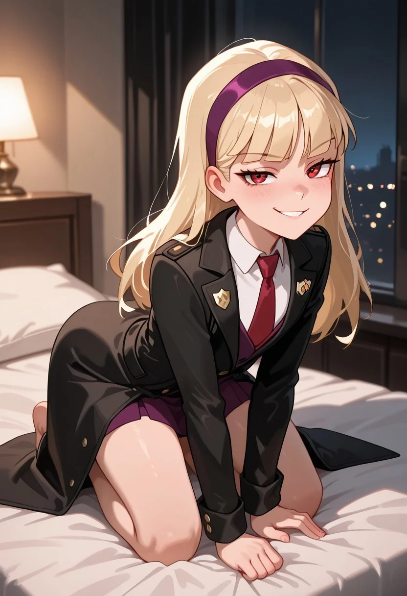 score_9,score_8_up,score_7_up,score_6_up,best quality,masterpiece,
background is bedroom, bed, night,
((cinematic lighting)), (shading),
1girl, solo,
justice_girl, blond hair, red eyes, purple hairband, white shirt, black coat, red tie, insignia on coat,
kneeling on bed, arched back, looking at viewer, coy smile, seductive, teasing, flirting, full body,