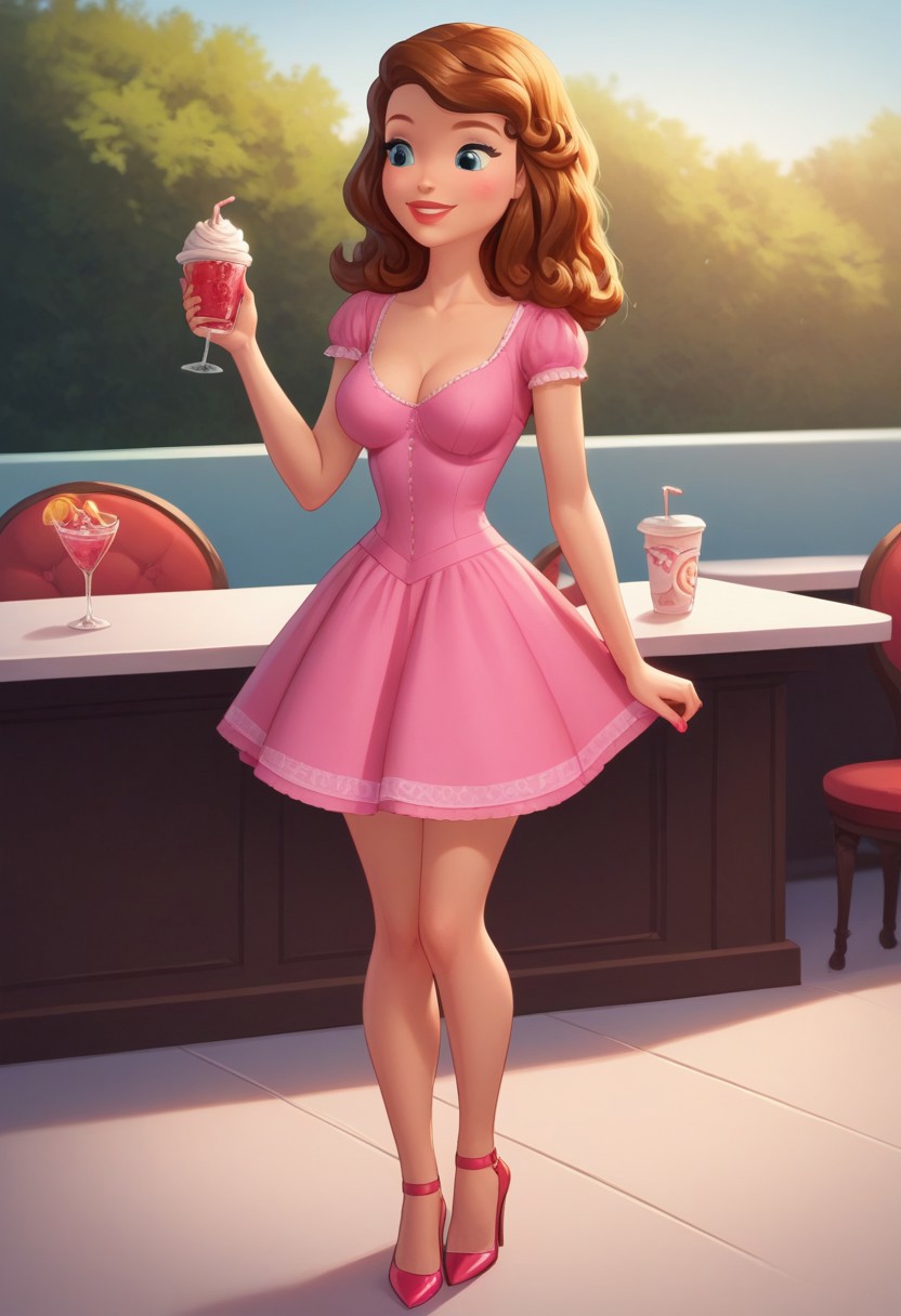 score_9, score_8_up, score_7_up, masterpiece, best quality, expressive, 1girl,young woman, indoor, cafe, date, sofia_the_first, brown hair, blue eyes,louboutin stiletto shoes, pink dress,minidress, large breasts,huge cleavage,happy , sexy pose, provocative, 1boy,adult man,boy_ kiss_ girl, grab her breasts,