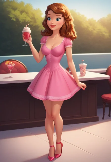 score_9, score_8_up, score_7_up, masterpiece, best quality, expressive, 1girl,young woman, indoor, cafe, date, sofia_the_first, brown hair, blue eyes,louboutin stiletto shoes, pink dress,minidress, large breasts,huge cleavage,happy , sexy pose, provocative, 1boy,adult man,boy_ kiss_ girl, grab her breasts,