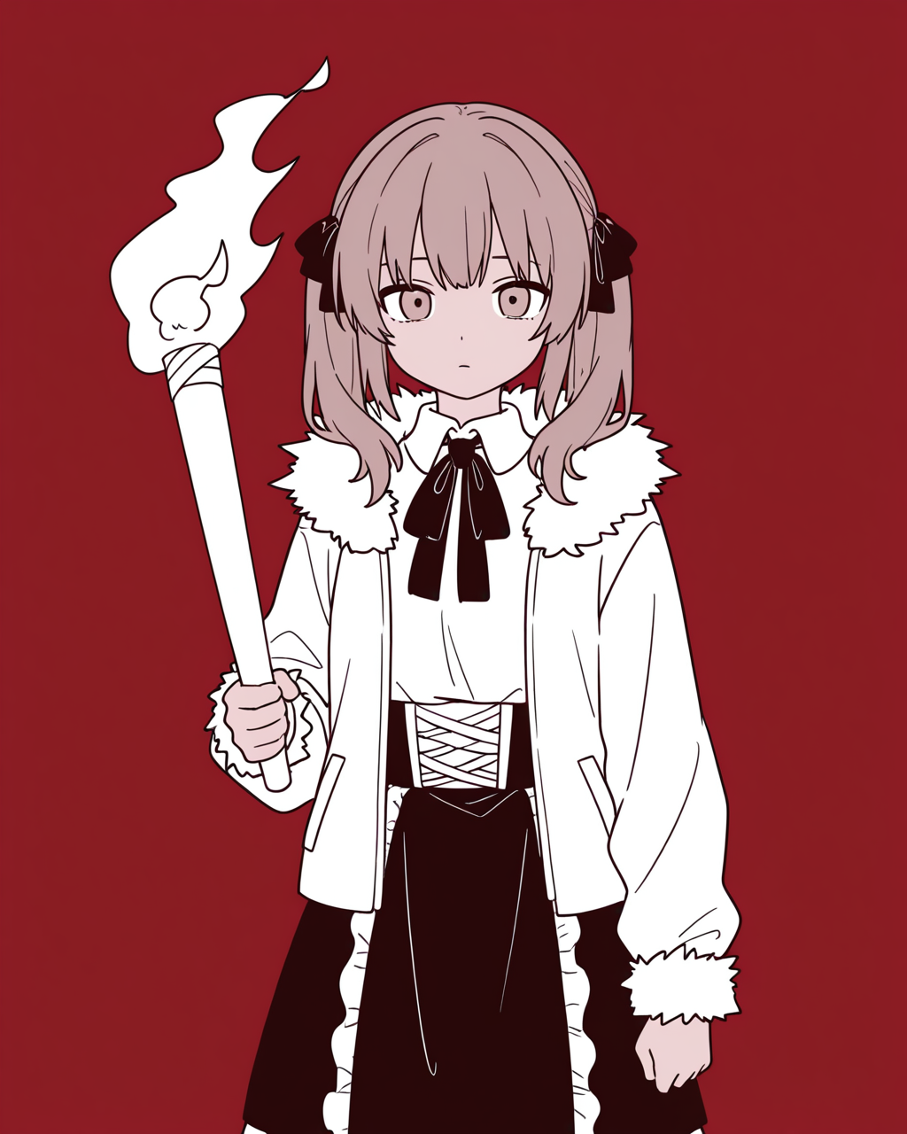 1girl, solo, adipocere \(vocaloid\), brown hair, hair ribbon, black ribbon, twintails, brown eyes, empty eyes, neck ribbon, fur-trimmed jacket, white jacket, white shirt, black skirt, holding, torch, fire, monochrome, 2d, flat color, looking at away, cowboy shot, simple background, red background, masterpiece, best quality, very aesthetic, absurdres