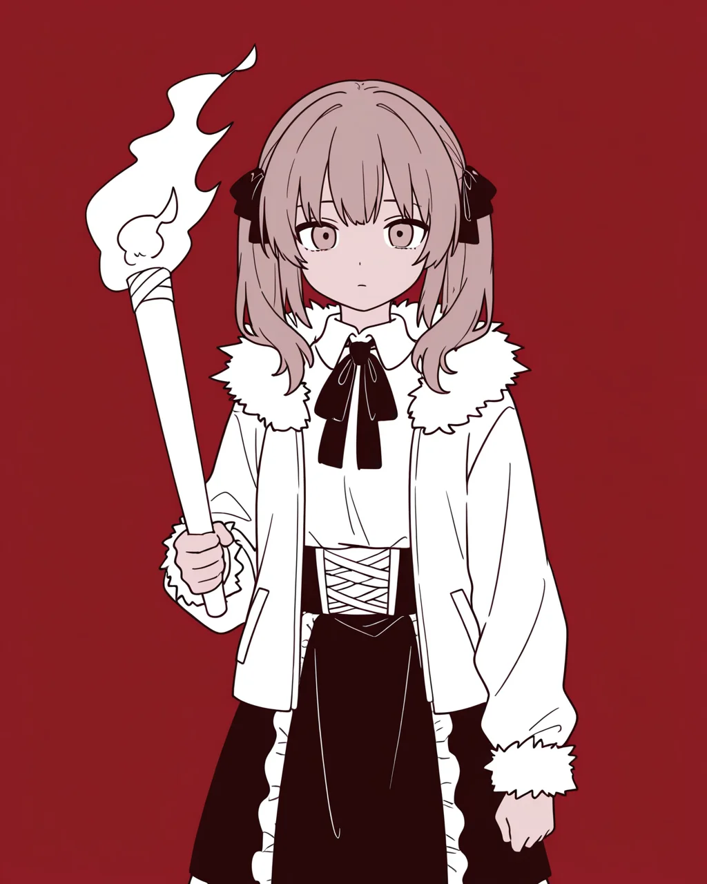 1girl, solo, adipocere \(vocaloid\), brown hair, hair ribbon, black ribbon, twintails, brown eyes, empty eyes, neck ribbon, fur-trimmed jacket, white jacket, white shirt, black skirt, holding, torch, fire, monochrome, 2d, flat color, looking at away, cowboy shot, simple background, red background, masterpiece, best quality, very aesthetic, absurdres