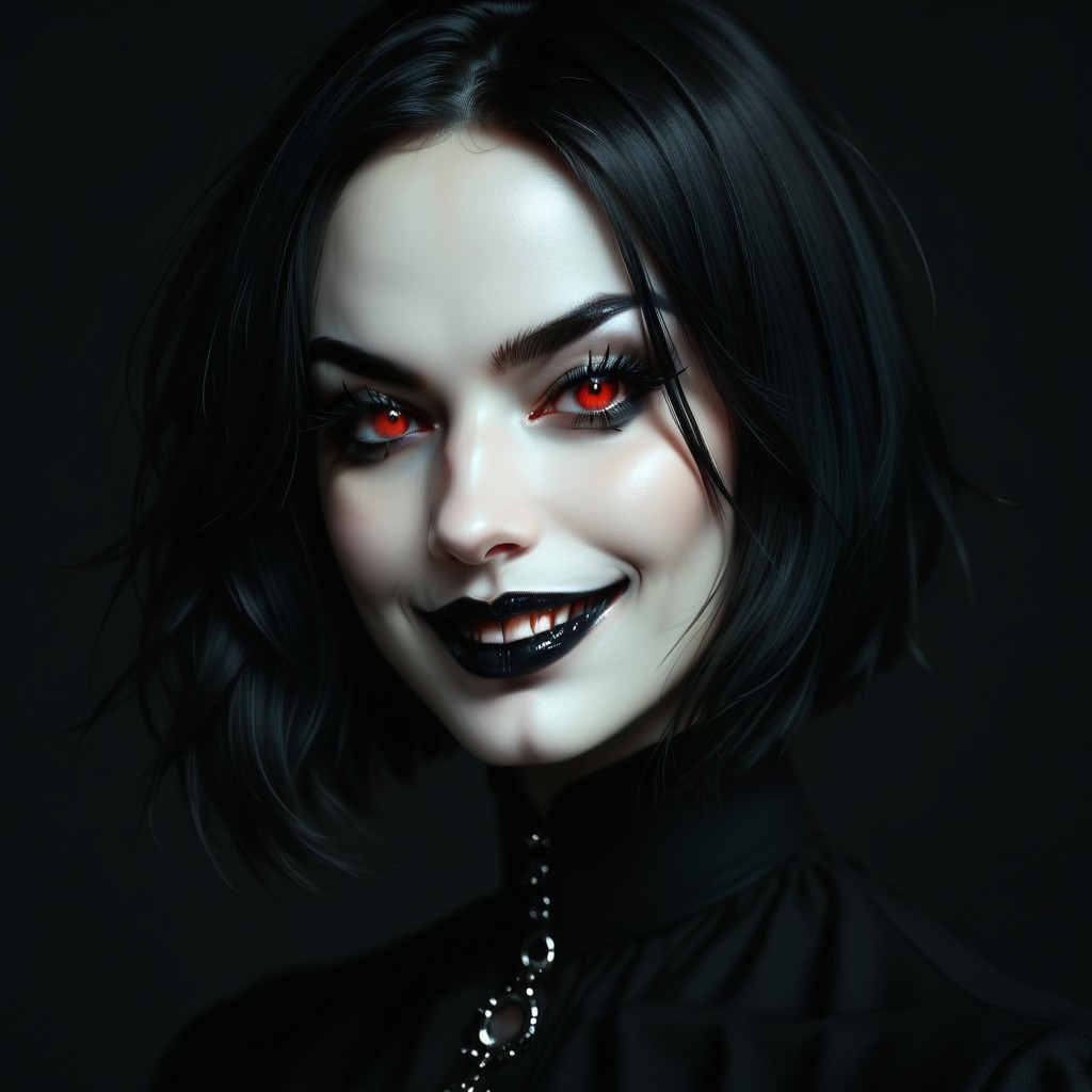 portrait of girl, purple and black hair, bob haircut, black background, black lipstick, vampire girl, dark makeup, long eyelashes, high contrast, vibrant color palette, red eyes, black clothes, detailed face, sharp details, realistic digital painting, evil grin