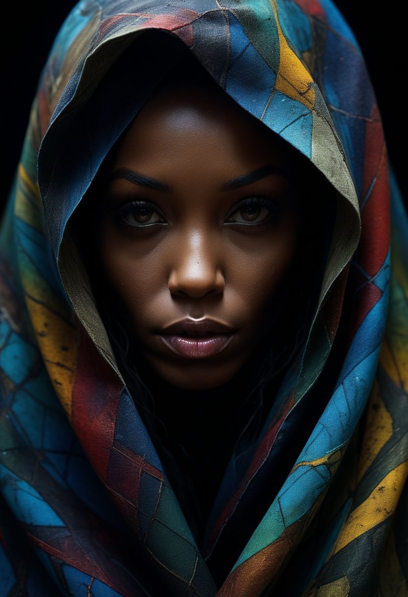 Close-up face, mysterious silhouette of an exotic coloured woman in worn down cape, goddess, alluring, by Minjae Lee, Carne Griffiths, Emily Kell, Steve McCurry, Geoffroy Thoorens, Aaron Horkey, Jordan Grimmer, Greg Rutkowski, amazing depth, double exposure, surreal, geometric patterns, intricately detailed, bokeh,  perfect balanced, deep fine borders, artistic photorealism , smooth,  great masterwork by Suiras  <lora:add-detail-xl:2>  <lora:Double_Exposure:0.5>