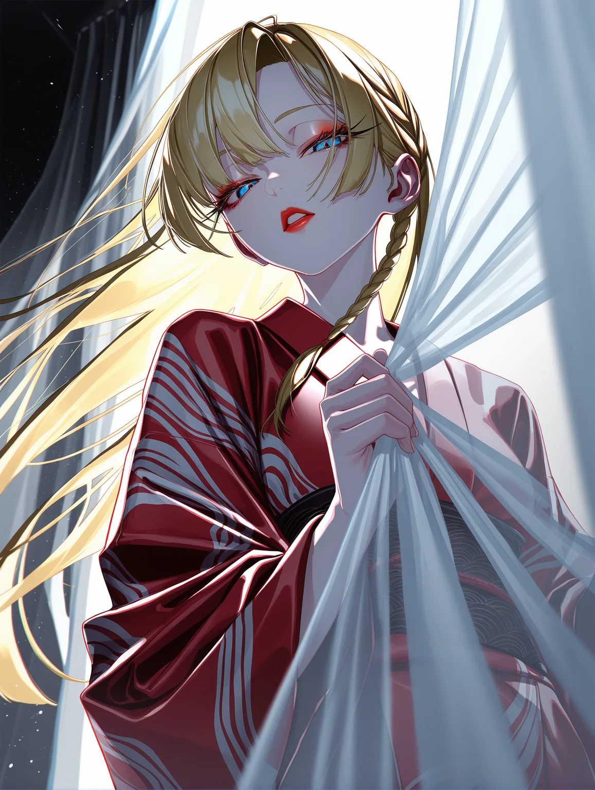 1girl, rolua, long hair, floating hair, side braid, blonde hair, perfect face, detailed face, perfecteyes, long eyelashes, blue eyes, parted lips, red lips, half-closed eyes, two-tone eyes, colored eyeshadow, looking at viewer, focus face, close up, (dutch angle), from below, colored kimono, japanese clothes, naked kimono, white curtains, see-through curtains, curtain grab, behind curtains, motion blur, blurry foreground, 8k, dramatic lighting, volumetric lighting, particles, raytracing, high contrast,
,masterpiece,best quality,amazing quality,