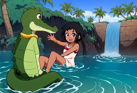 Tick tock crocodile,male animal focus,tail, crocodile , crocodile mouth open,smile ,green skin, blue eyes, Tick Tock the crocodile is giant and very huge size,teeth, crocodile swimming and submerged in the water,Tick Tock the crocodile looking Choi_mochimazzi,Choi_mochimazzi an anime girl, 1girl, looking at viewer, smile, short hair, Choi_mochimazzi sitting down on the the rock,Choi_mochimazzi IS her very little size. Base - choim, short hair, black hair, red eyes, dark-skinned female,purple eyes, Base Outfit - dress, jewelry, dark skin, necklace, bracelet, wristband, neck ring, anklet, barefoot,river,palm trees, jungle, tropical _island,village, temple,Disney, waterfall,retro_anime, manga,tamako_market
