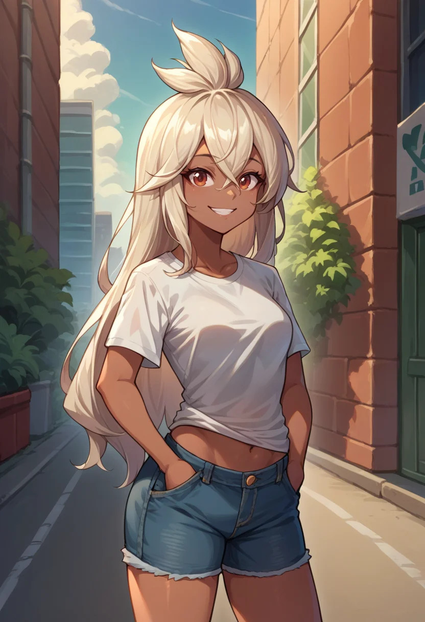 score_9, score_8_up, source_anime, 1girl, solo, Zooey, dark skin, long hair, ahoge, t-shirt, navel, denim shorts, standing, outdoors, city, hands in pockets, smile, <lora:ChamZooeyGBPonyXL:1>