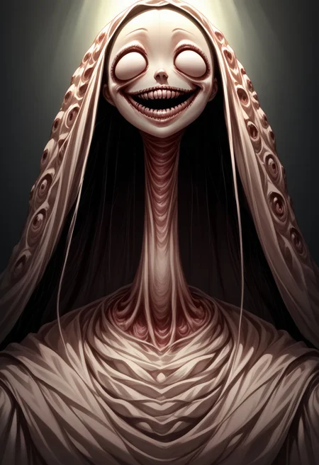 score_9, score_8_up, score_7_up, source_anime, solo, Nightmarish Jessica Rabbit, (looking towards the viewer, face view, close up face, head shot, face portrait:1.4), (long arms, long legs, long neck, horror, no eyes, no face, large mouth, creepy smile, skinny, bones, Victorian gown:1.5), close face view, (indirect lighting, dynamic lighting:1.4), simple background, (detailed image, high resolution, 5k resolution:1.0), VikingAnime, (cute Art Style:1.2)