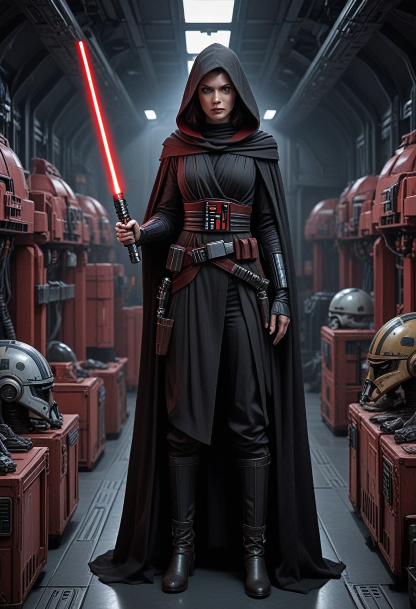 (medium full shot) of (ominous sith lord) young female, human, fair skin, blue eyes, brown hair,           wearing a armored Sith robe, high-collared Sith tunic, utility belt with pouches, dark combat boots, hooded Sith cloak, holding whip red lightsaber, surprised, open mouth, pointing her finger at the viewer, set in  Starship Cargo Hold, Stacked crates, utility droids, secured weapon racks, storage containers, the low hum of the ship's engines , at twilight, star wars universe, Masterpiece,best quality, photorealistic, amazing quality, very aesthetic, extremely detailed face,