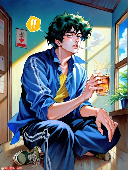 (zPDXL), (zPDXL), score_9, score_8_up, score_7_up, score_6_up, source_anime, illustration, traditional media, watercolors (medium), knysck, rating explicit, very nsfw, uncensored, yaoi, male focus, BREAK manly,1boy, solo, spike spiegel, cowboy bepop, smoking, liquor, indoors sitting, dynamic pose, over saturated, BREAK, motion lines, sound effects, spoken exclamation mark, spoken, spoken_expression, sparks,amazing quality, best aesthetic, year 2023 <lora:Kaneoya_Sachiko_-_Pony-000013:0.75> <lora:Pony_QualityV4.0:1>