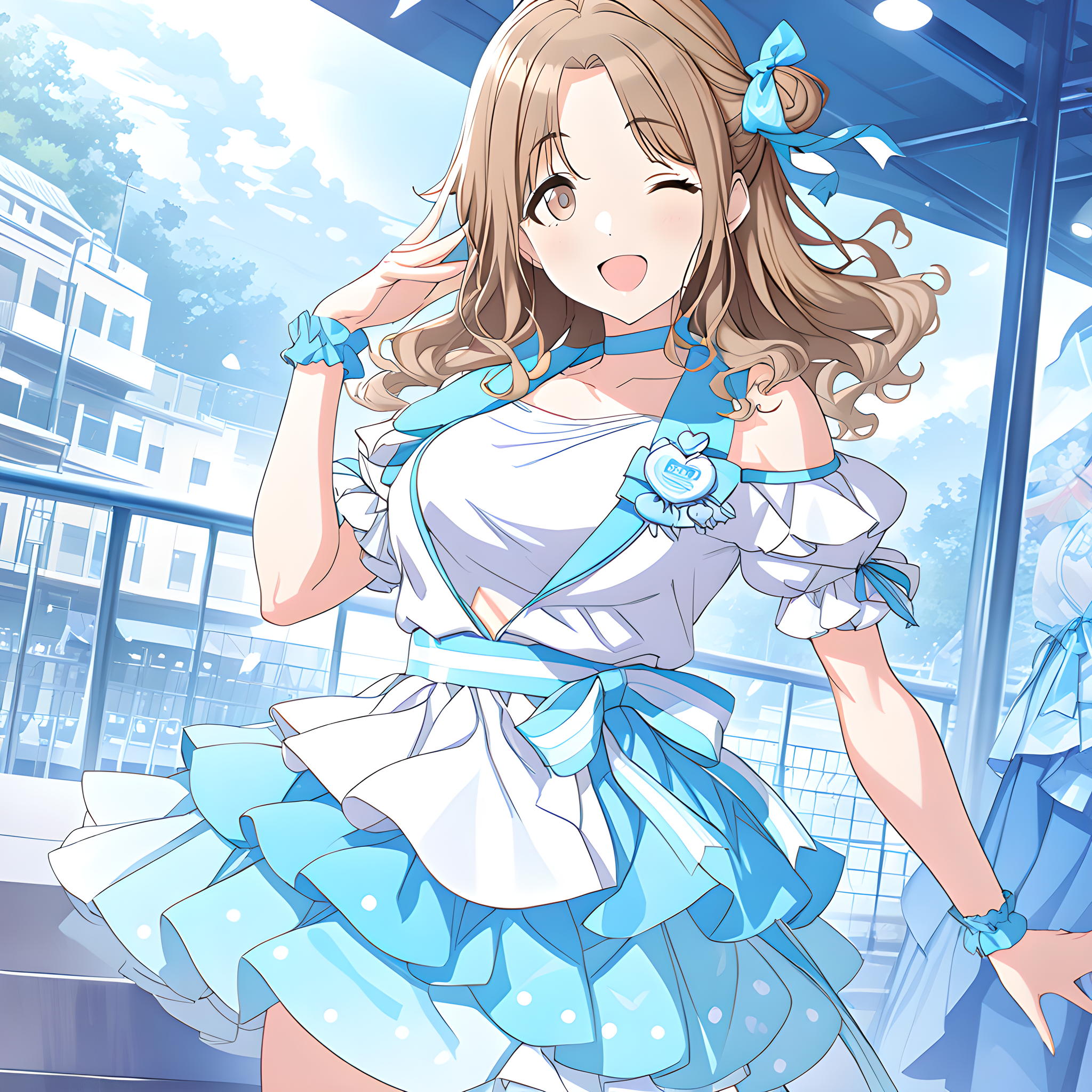 (masterpiece),(best quality),(ultra-detailed),(best illustration),(best shadow),(absurdres),(detailed background),(very aesthetic),
ichikawa_hinana, 1girl, one eye closed, solo, hair bun, single hair bun, brown hair, skirt, single side bun, looking at viewer, ribbon, brown eyes, hair ribbon, long hair, open mouth, white shirt, layered skirt, smile, blue skirt, ;d, short sleeves, shirt, idol, choker, noctchill
<lora:Ichikawa_Hinana:1>