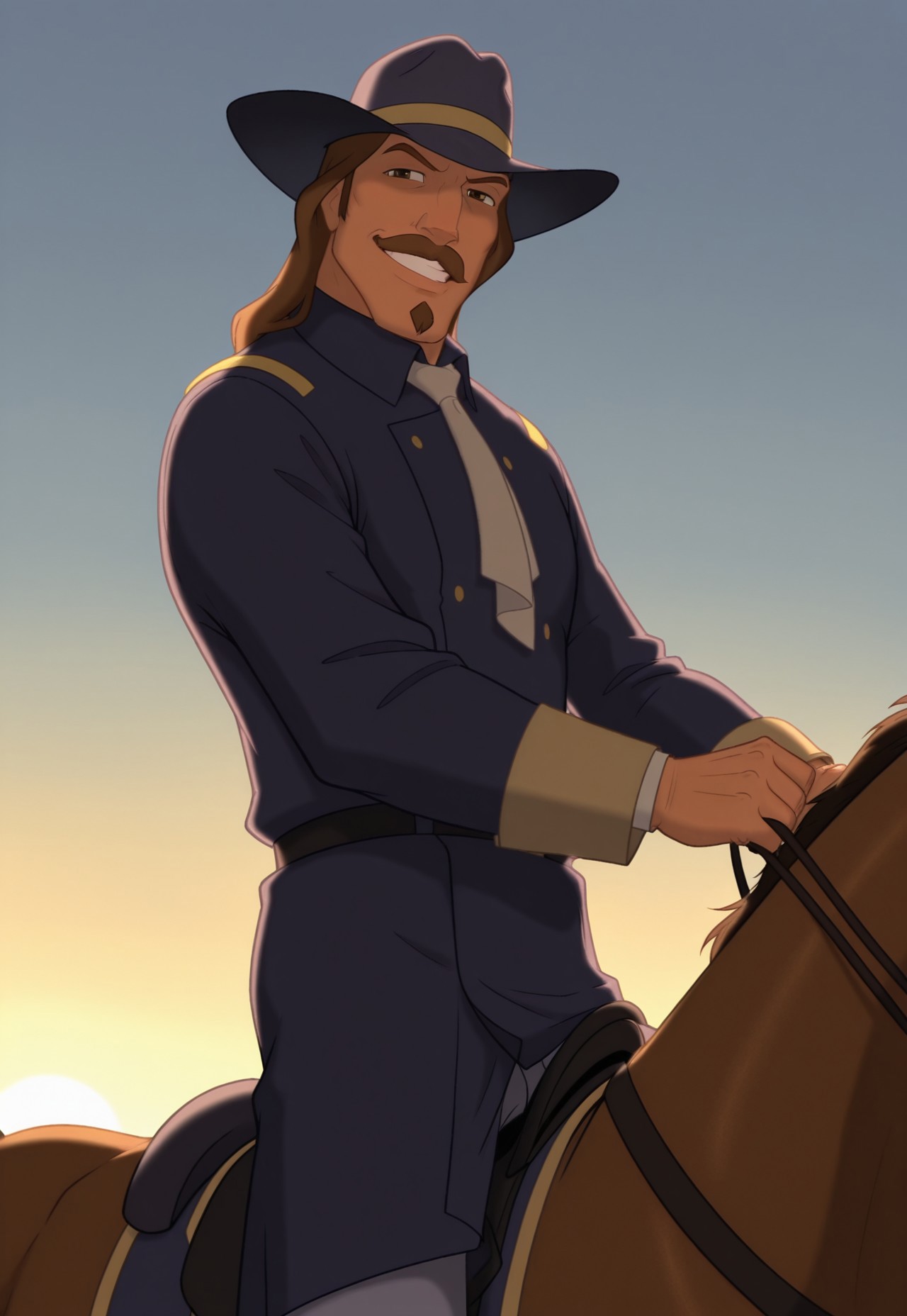 solo, masterpiece, detailed, ultra hd, best quality, 1boy, male, official art, w0lfc0nf, modern, new, masculine face, daddy looking face

SpiritColonel, brown hair, long hair, mustache, goatee, hat, necktie, uniform, looking at viewer, happy, friendly, smiling, sunrise, horseriding, riding horse, horse
