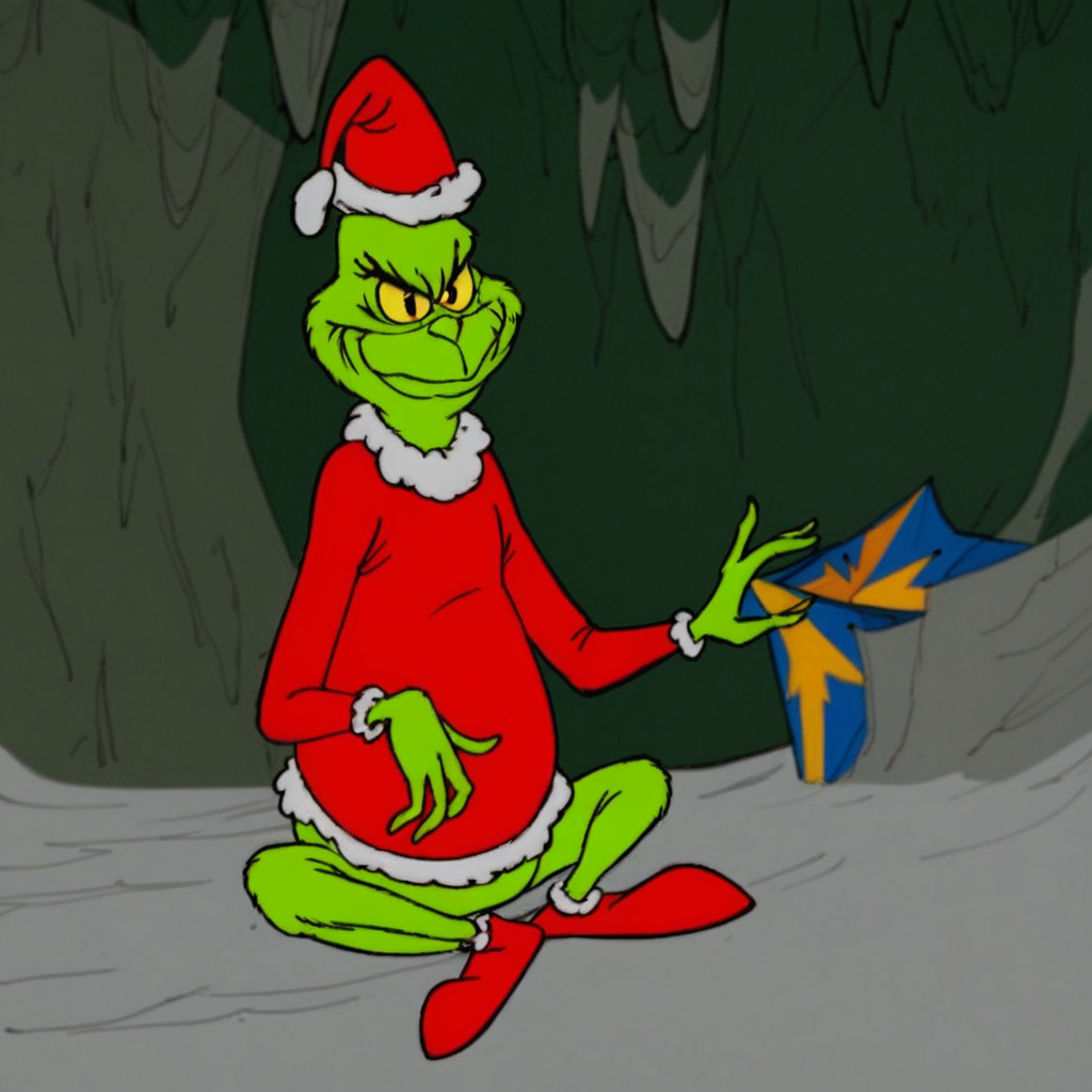 score_9, solo, grinch, green skin, santa hat, santa costume, sitting, cave,