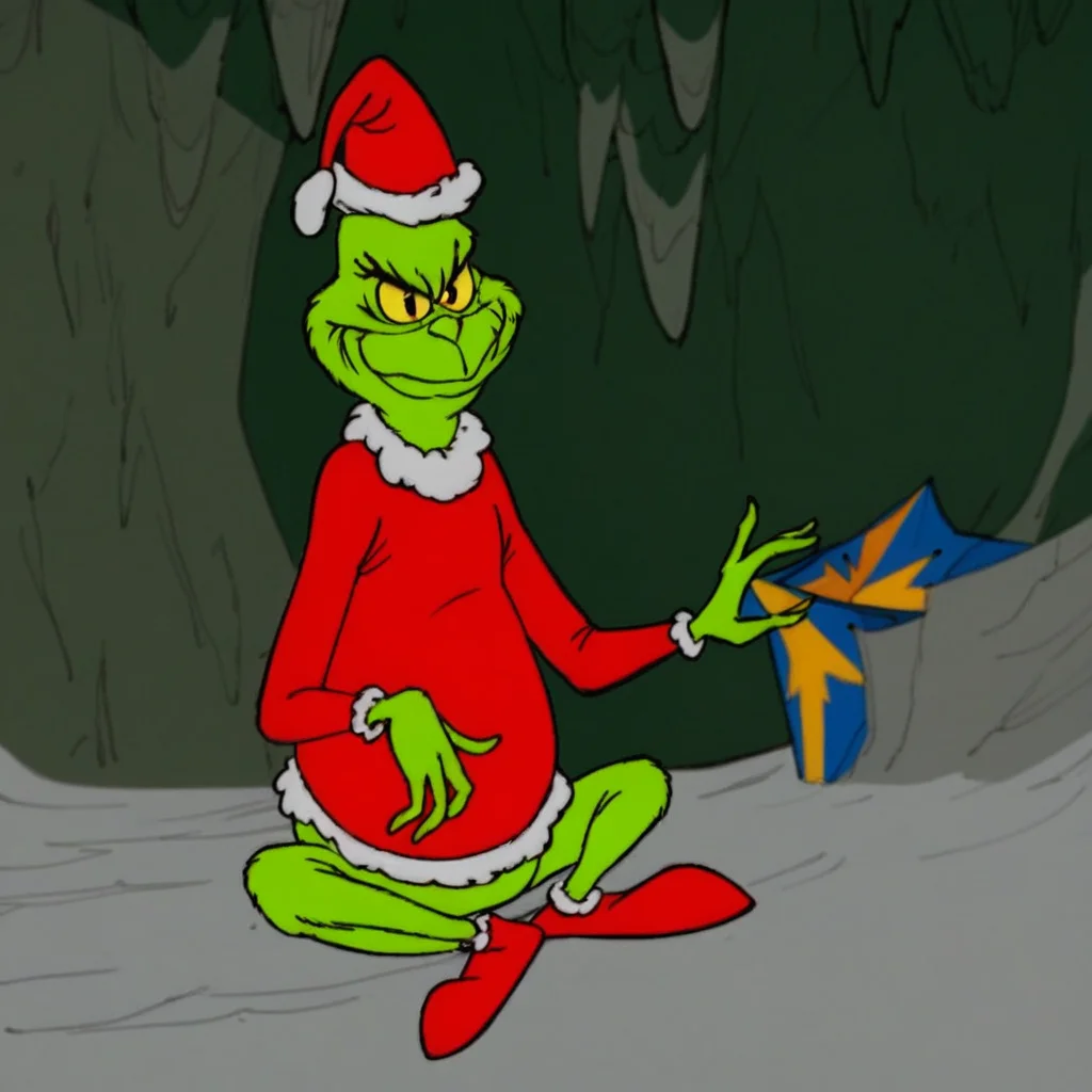 score_9, solo, grinch, green skin, santa hat, santa costume, sitting, cave,
