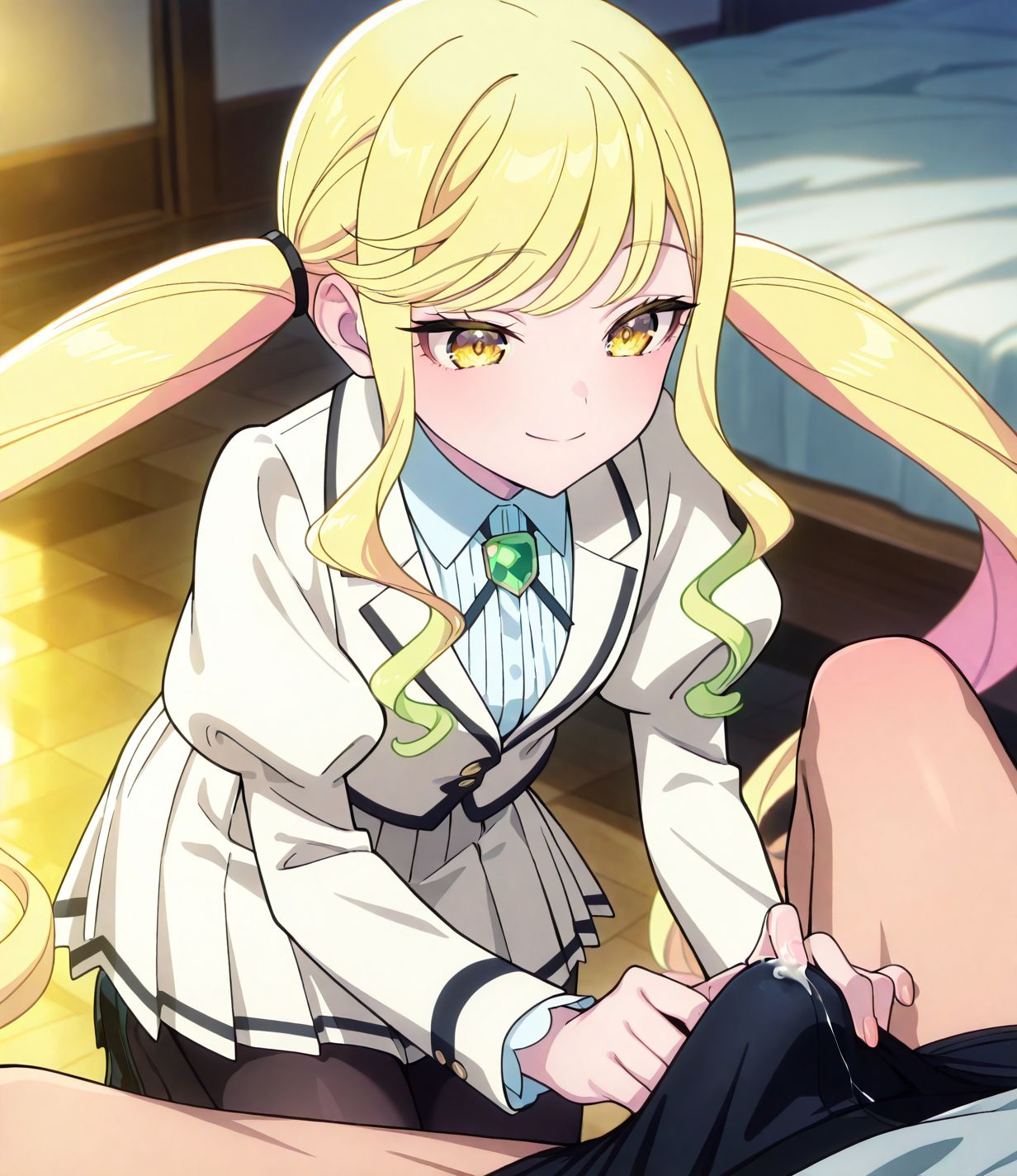 masterpiece, best quality, newest, absurdres, highres, detailed eyes, beautiful, detailed background, perfect eyes, anime coloring, anime screencap,
<lora:add-detail-xl:0.5>
<lora:handjob through clothes_illustrious_V1.0:1> handjob through clothes, erection under clothes, 1boy, male underwear,cum,
<lora:Rock_Is_a_Ladys_Modesty:0.8> rock_ladyV1.
1girl,long hair, yellow eyes, 
blonde hair,twintails, white school uniform, 
smile,skirt,long sleeves,
pantyhose,brooch,r_ririsa,