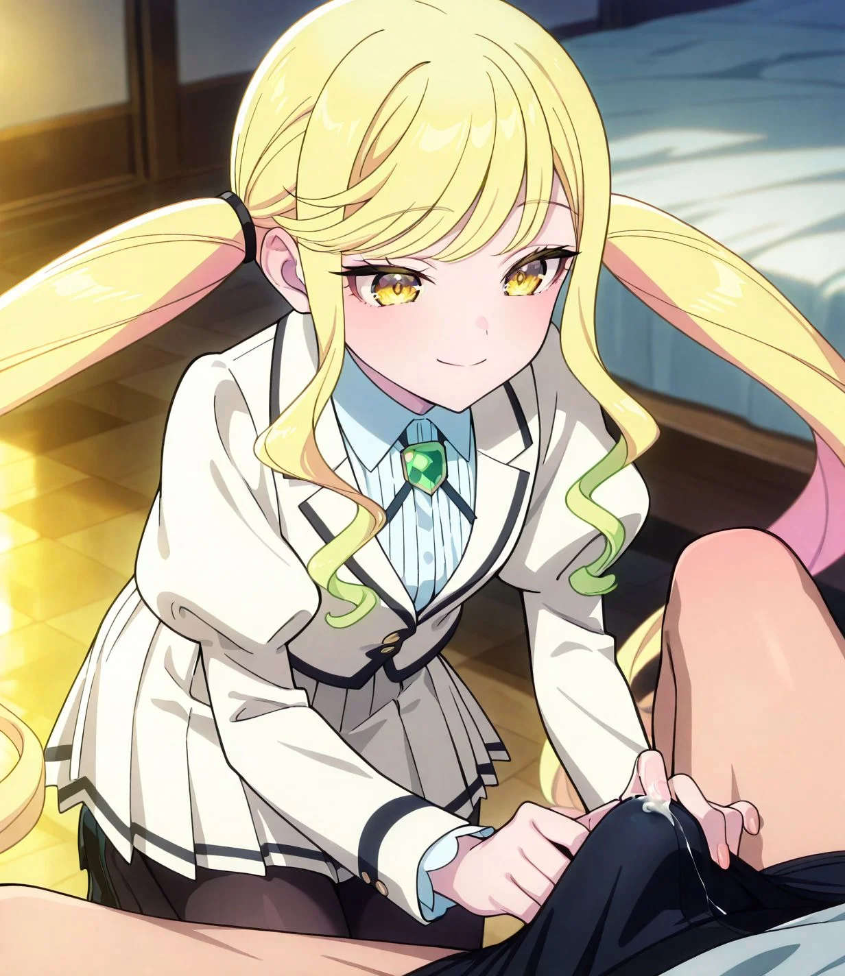 masterpiece, best quality, newest, absurdres, highres, detailed eyes, beautiful, detailed background, perfect eyes, anime coloring, anime screencap,
<lora:add-detail-xl:0.5>
<lora:handjob through clothes_illustrious_V1.0:1> handjob through clothes, erection under clothes, 1boy, male underwear,cum,
<lora:Rock_Is_a_Ladys_Modesty:0.8> rock_ladyV1.
1girl,long hair, yellow eyes,
blonde hair,twintails, white school uniform,
smile,skirt,long sleeves,
pantyhose,brooch,r_ririsa,