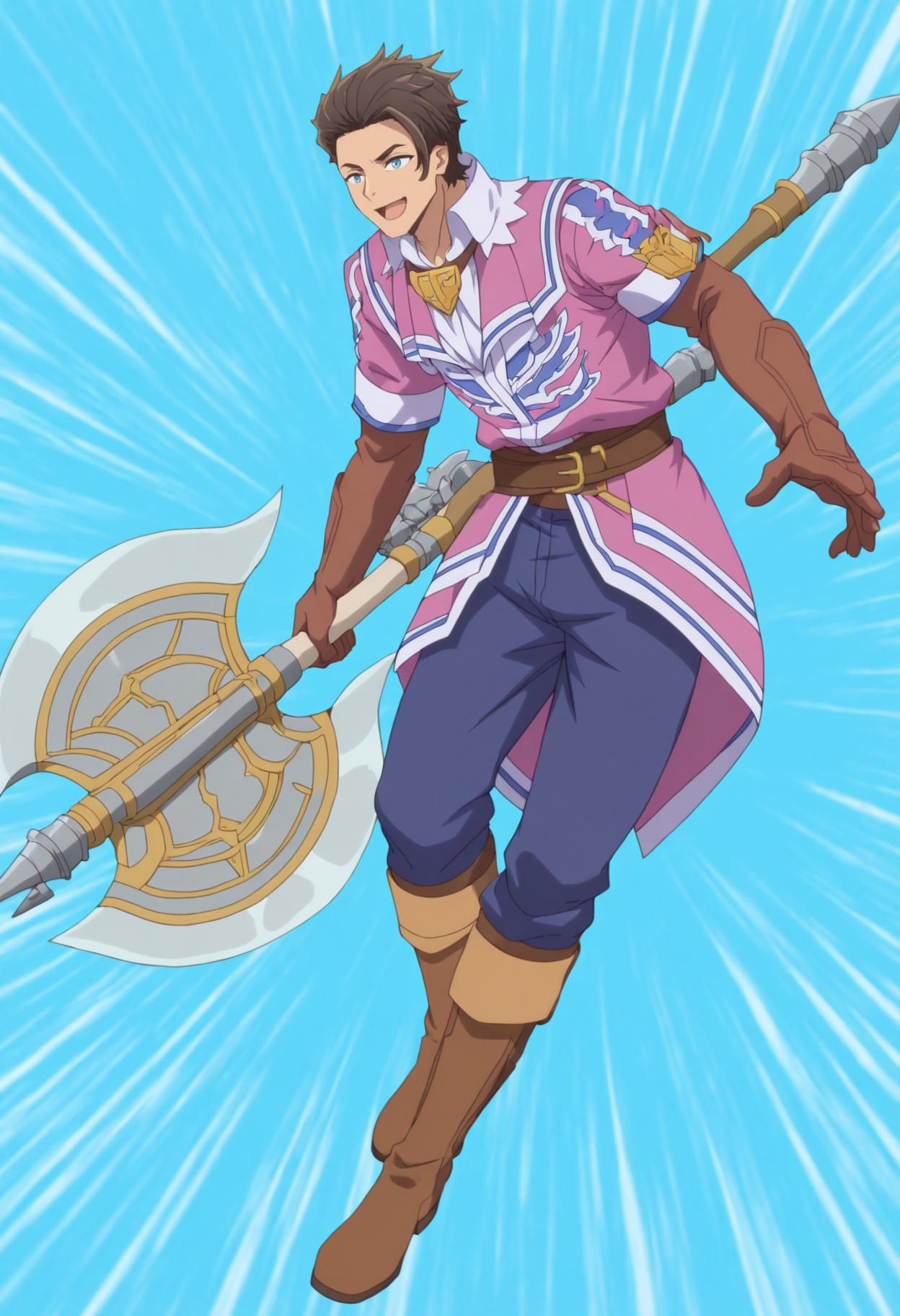 masterpiece,best quality,newest,absurdres,highres,allan lidocaine,solo,smile,open mouth,shirt,1boy,gloves,holding,male focus,weapon,boots,pants,holding weapon,knee boots,brown gloves,sideburns,blue pants,axe,huge weapon,holding axe,battle axe,pink jacket,elbow gloves,allan brown belt,anime screenshot,<lora:lasdanV2_noob:1>,blue background,