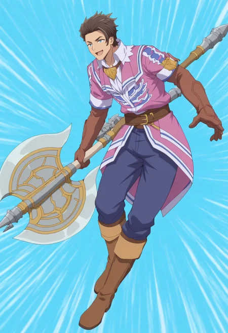 masterpiece,best quality,newest,absurdres,highres,allan lidocaine,solo,smile,open mouth,shirt,1boy,gloves,holding,male focus,weapon,boots,pants,holding weapon,knee boots,brown gloves,sideburns,blue pants,axe,huge weapon,holding axe,battle axe,pink jacket,elbow gloves,allan brown belt,anime screenshot,<lora:lasdanV2_noob:1>,blue background,