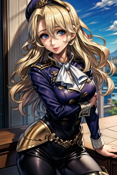 masterpiece, Lily Kokoschka , best quality, best quality, ultra-detailed, highres,sharp focus,(ultra detailed,extremely detailed), 1girl,(masterpiece, best quality), LilyKOKOSCHKA, 1girl, solo, long hair, blonde hair, hair between eyes, uniform, ascot, wavy hair, eyes visible through hair, white ascot, riding pants, hungry clicker,