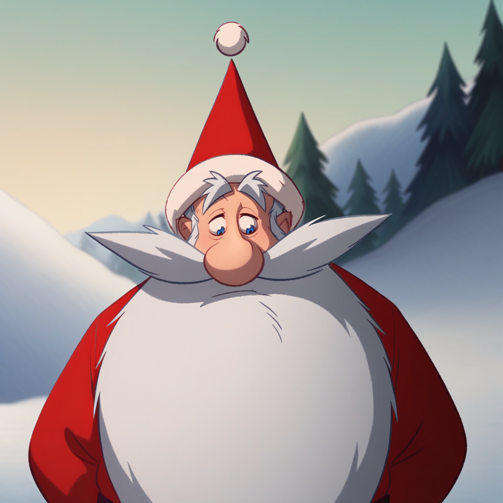 Ugly score_9_up, score_8_up, BREAK, solo, 1boy, santa, white beard, blue eyes, fat man, santa hat, santa costume, upper body, <lora:Santa_SantaApprentice_PXL_Leaf3:1>, snow, outdoors,