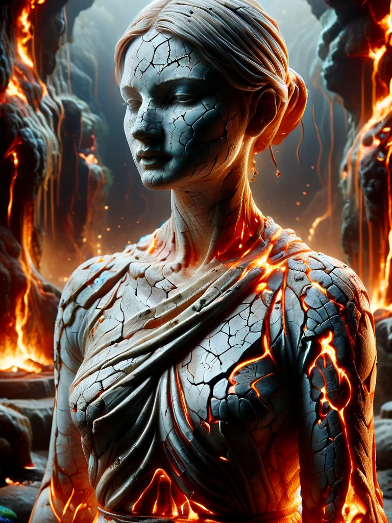 greek female closeup statue, in a dark cave with dim light, 800bc, closeup <lora:ral-lava-sdxl:1> cracks in statue with ral-lava, lava dripping through the cracks <lora:ral-porcelain-sdxl:1> ral-porcelain, at night