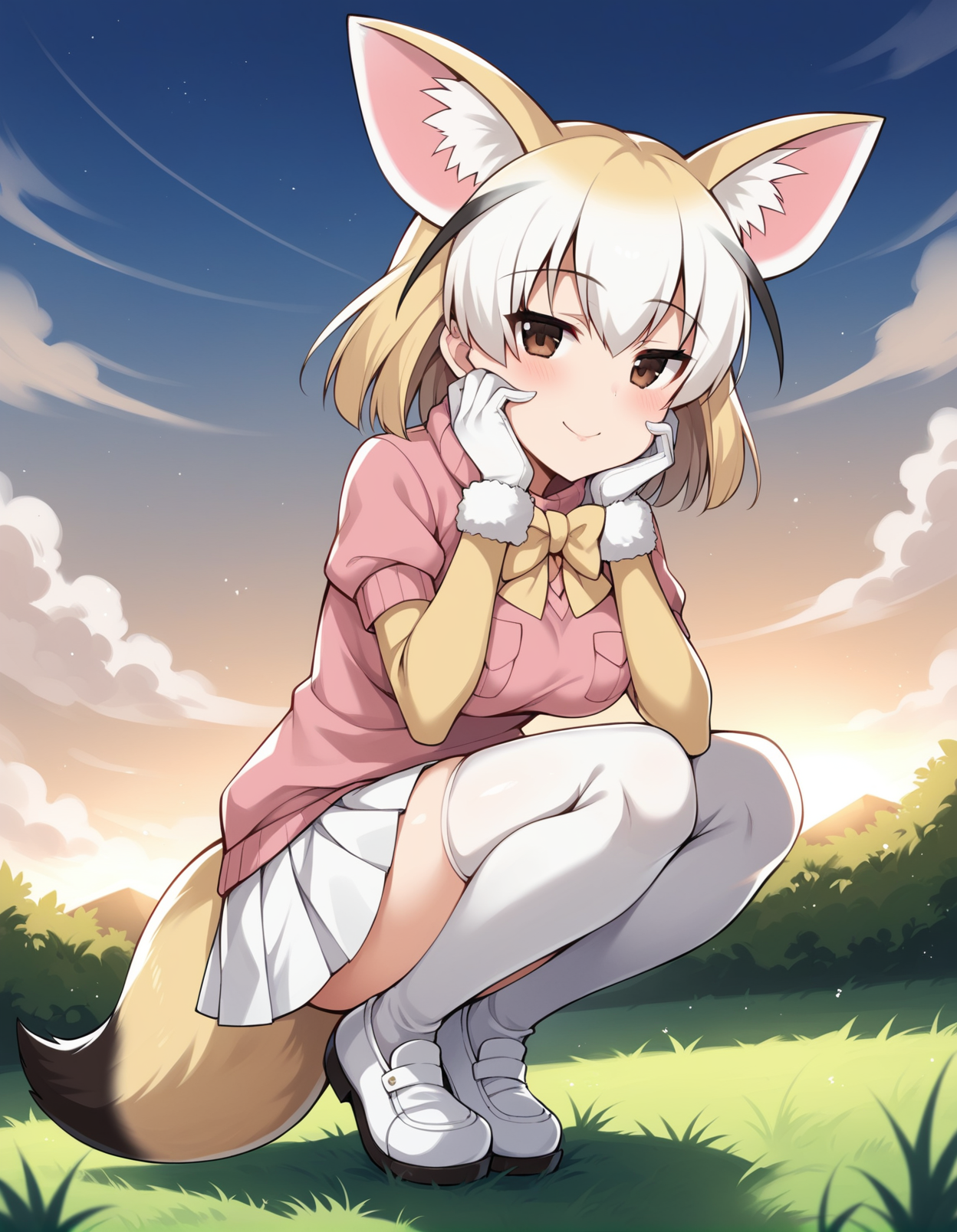 score_9, score_8_up, score_7_up, score_6_up, score_5_up, score_4_up, source_anime, rating_explicit, BREAK, <lora:fennecXL_LoRA-C3Lier_AdamW_Dim8_Alpha8_UN-3e-4_TE-1.5e-4_10batch_ponyDiffusionV6XL_v6StartWithThisOne:1>, fennec \(kemono friends\), 1girl, fox ears, blonde hair, short hair, brown eyes, fox tail, medium breasts, pink sweater, breast pocket, short sleeves, yellow bowtie, white skirt, pleated skirt, fur-trimmed gloves, white shoes, fur trim, thighhighs, legs together, squatting, hands on own cheeks, jitome, looking at viewer, dutch angle, gradient sky, sunset, backlighting, cloud, horizon, grass