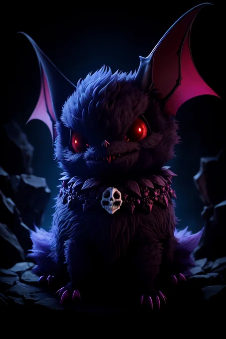 fantz monster design <lora:funnyCreatures_v1:0.50,  a cute fluffy vampire bat, ultra detailed, 8k, absurdres, deep contrasting colors, deep shadows, night, glowing eyes, [Style-Necromancy]