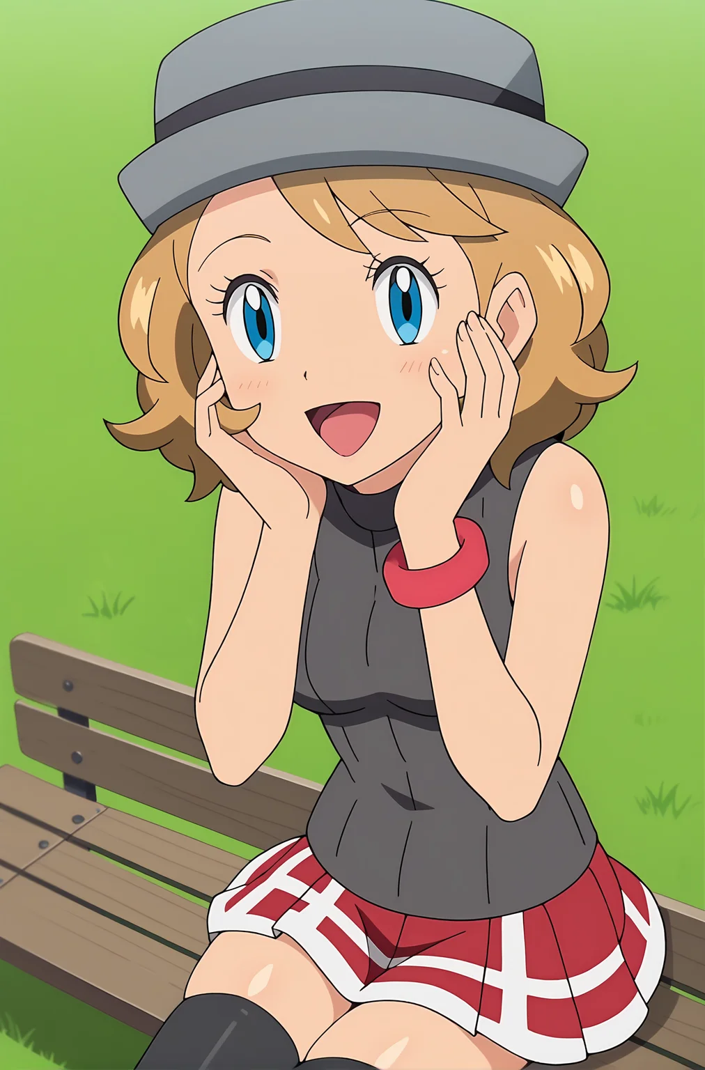 score_9, score_8_up, score_7_up, source anime, anime, animification, anime screencap, anime coloring, vivid colors, shiny skin, skindentation, deep skin, depth of field, high quality, highres, (dynamic angle,dynamic pose),
serenaj, 1girl, solo, smile, short hair, open mouth, blue eyes, skirt, blonde hair, shirt, thighhighs, hat, jewelry, sitting, :d, outdoors, sleeveless, tongue, black thighhighs, medium hair, bracelet, eyelashes, red skirt, turtleneck, happy, grass, head rest, bench, hands on own face, grey headwear, hands on own cheeks, serena \(pokemon\)
BREAK
masterpiece, high quality
<lora:Serena_Journeys:0.9>