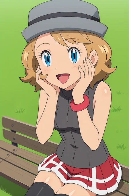 score_9, score_8_up, score_7_up, source anime, anime, animification, anime screencap, anime coloring, vivid colors, shiny skin, skindentation, deep skin, depth of field, high quality, highres, (dynamic angle,dynamic pose),
serenaj, 1girl, solo, smile, short hair, open mouth, blue eyes, skirt, blonde hair, shirt, thighhighs, hat, jewelry, sitting, :d, outdoors, sleeveless, tongue, black thighhighs, medium hair, bracelet, eyelashes, red skirt, turtleneck, happy, grass, head rest, bench, hands on own face, grey headwear, hands on own cheeks, serena \(pokemon\)
BREAK
masterpiece, high quality
<lora:Serena_Journeys:0.9>