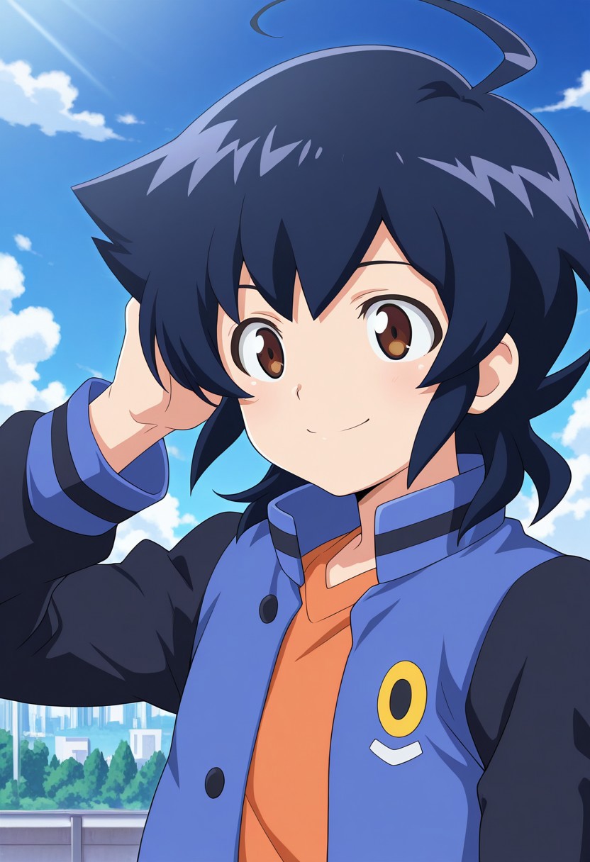 masterpiece,best quality,amazing quality, source_anime,
hirozora, 1boy, male focus, solo, brown eyes, blue hair, medium hair, ahoge, shirt, orange shirt, jacket, blue jacket, black sleeves, open jacket, smile, day, sky, clouds,