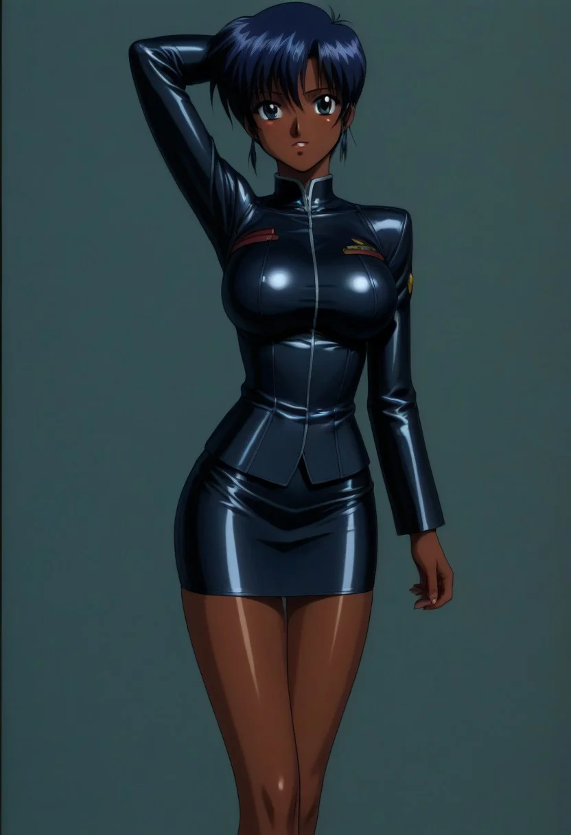 Kenichi Sonoda Style, 1990s_(style), score_9,score_8_up,score_7_up,score_6_up, 1girl, solo, large breasts, shiny skin, oiled skin, Hayami Ayuko, dark-skinned female, 1girl, black coat, black pantyhose, skirt